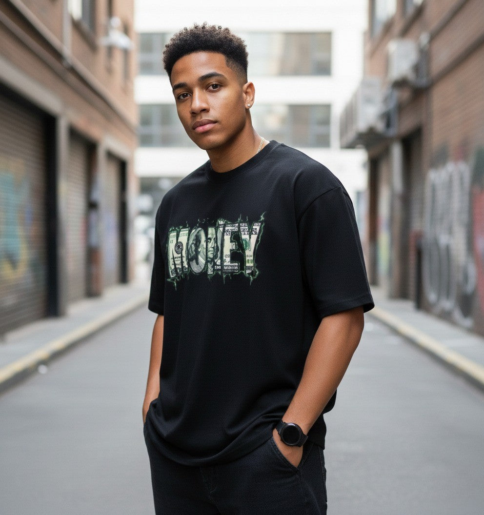 Drop Shoulder Money Quote Printed T-Shirt