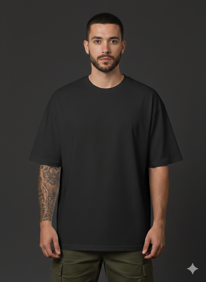 Men’s Oversized Plain Black T-Shirt – Extended Neck Streetwear Fit