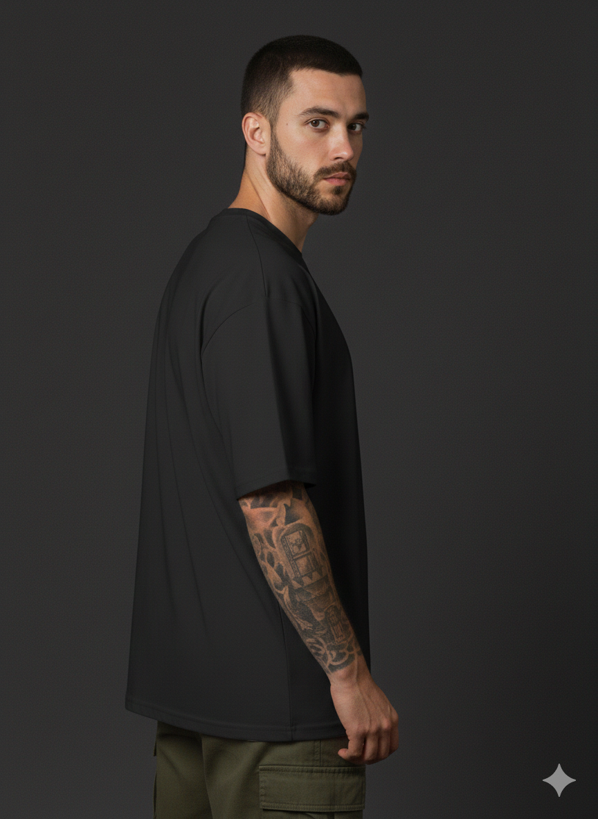 Men’s Oversized Plain Black T-Shirt – Extended Neck Streetwear Fit