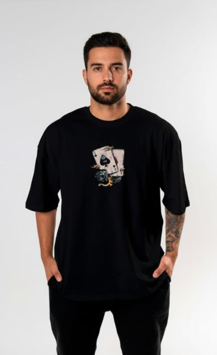 Drop Shoulder Playing Cards Printed T-Shirt – Black | Oversized Streetwear